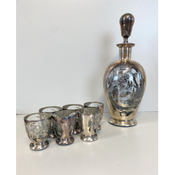 ANTICO SET LIQUORE ROSOLIO DECANTER 6 BICCHIERI vetro DECORO SILVER OVERLAY MCM