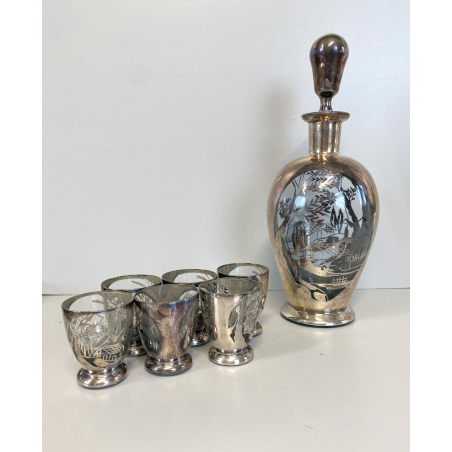 ANTICO SET LIQUORE ROSOLIO DECANTER 6 BICCHIERI vetro DECORO SILVER OVERLAY MCM