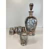 ANTICO SET LIQUORE ROSOLIO DECANTER 6 BICCHIERI vetro DECORO SILVER OVERLAY MCM