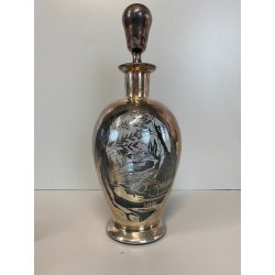 ANTICO SET LIQUORE ROSOLIO DECANTER 6 BICCHIERI vetro DECORO SILVER OVERLAY MCM