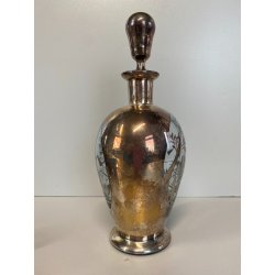 ANTICO SET LIQUORE ROSOLIO DECANTER 6 BICCHIERI vetro DECORO SILVER OVERLAY MCM