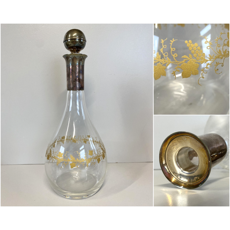 BOTTIGLIA DECANTER VETRO COLLO TAPPO METALLO ARGENTATO DECORO DORATO FOGLIA VITE