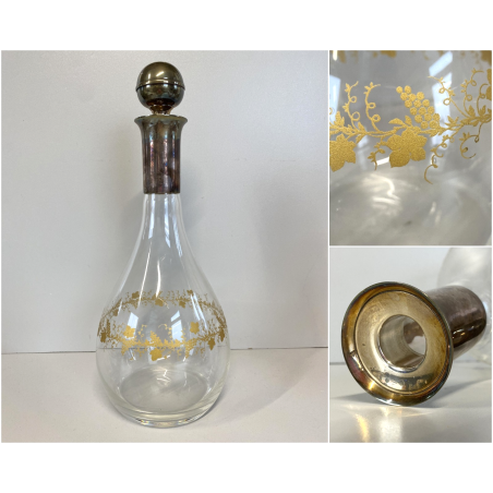 BOTTIGLIA DECANTER VETRO COLLO TAPPO METALLO ARGENTATO DECORO DORATO FOGLIA VITE