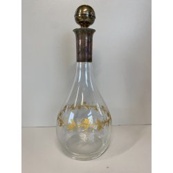 BOTTIGLIA DECANTER VETRO COLLO TAPPO METALLO ARGENTATO DECORO DORATO FOGLIA VITE