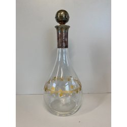 BOTTIGLIA DECANTER VETRO COLLO TAPPO METALLO ARGENTATO DECORO DORATO FOGLIA VITE