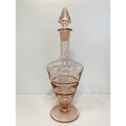 BOTTIGLIA VINTAGE con TAPPO CARAFFA VETRO ROSA ANTICO DECORO ANELLI ART DECO '40