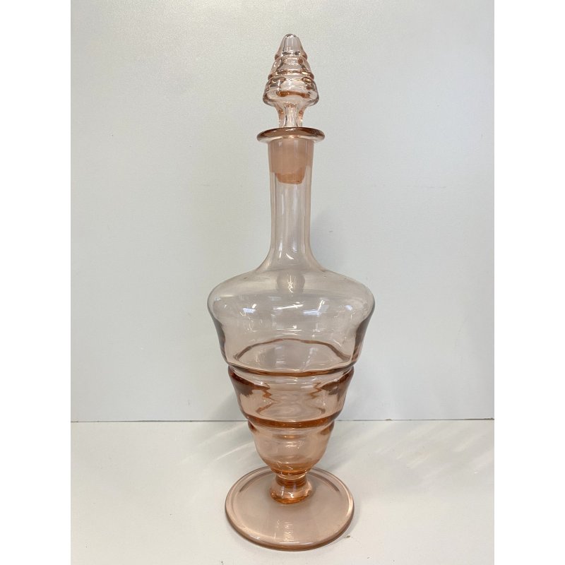 BOTTIGLIA VINTAGE con TAPPO CARAFFA VETRO ROSA ANTICO DECORO ANELLI ART DECO '40