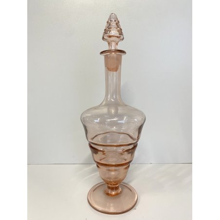 BOTTIGLIA VINTAGE con TAPPO CARAFFA VETRO ROSA ANTICO DECORO ANELLI ART DECO '40