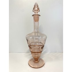 BOTTIGLIA VINTAGE con TAPPO CARAFFA VETRO ROSA ANTICO DECORO ANELLI ART DECO '40