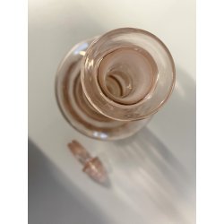 BOTTIGLIA VINTAGE con TAPPO CARAFFA VETRO ROSA ANTICO DECORO ANELLI ART DECO '40