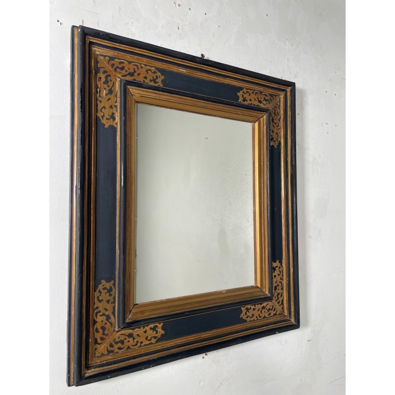 ANTICA SPECCHIERA CORNICE IMPERO LEGNO DECORI DORATI NERA epoca 1800 46X54CM OLD