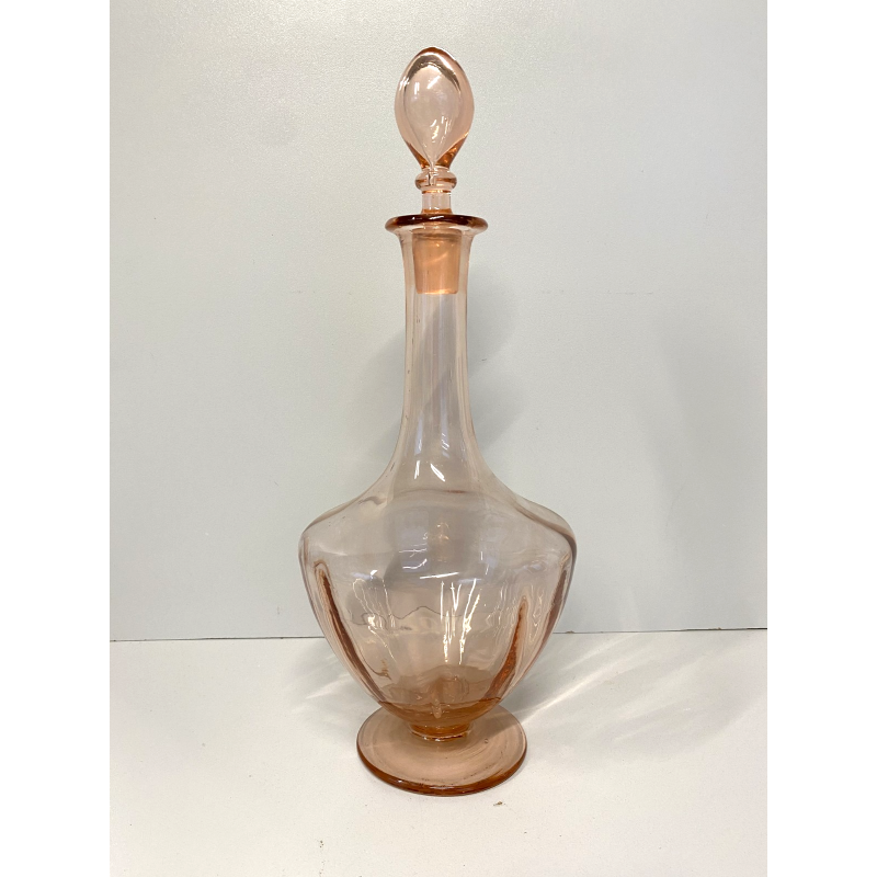 BOTTIGLIA VINTAGE CON TAPPO CARAFFA DECANTER VETRO ROSA PESCA NERVATURE '30