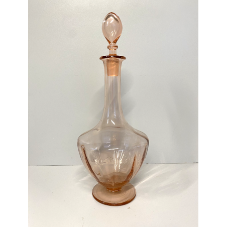 BOTTIGLIA VINTAGE CON TAPPO CARAFFA DECANTER VETRO ROSA PESCA NERVATURE '30