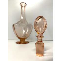 BOTTIGLIA VINTAGE CON TAPPO CARAFFA DECANTER VETRO ROSA PESCA NERVATURE '30