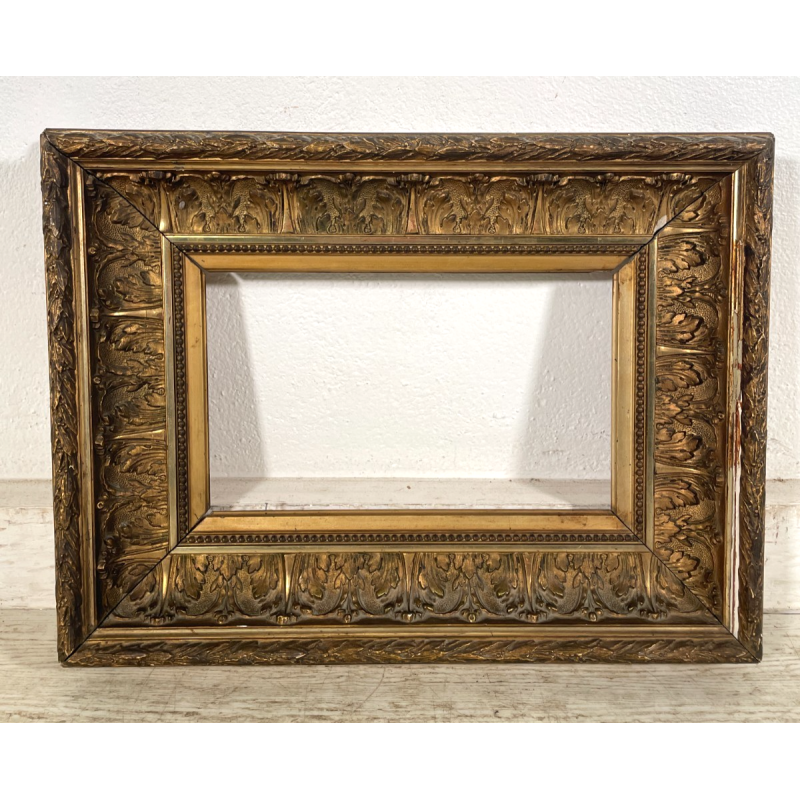 ANTICA CORNICE BAROCCA DORATA epoca 900 OLD LEGNO SCOLPITO FOGLIA ORO 44 X 59 CM