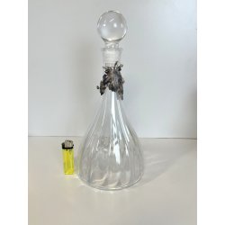 grande BOTTIGLIA DECANTER VETRO decoro FOGLIA VITE ARGENTO 925 h 33 cm