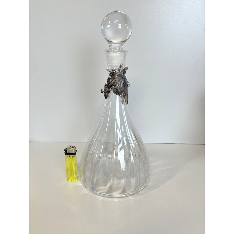 grande BOTTIGLIA DECANTER VETRO decoro FOGLIA VITE ARGENTO 925 h 33 cm