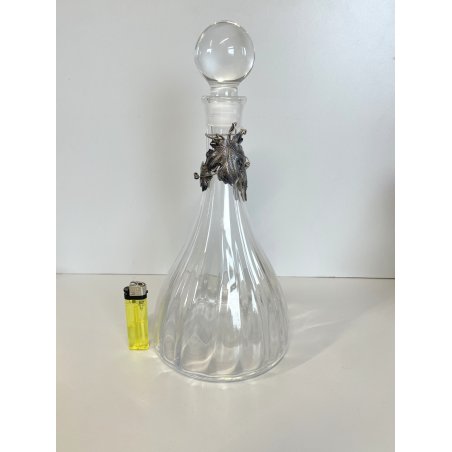 grande BOTTIGLIA DECANTER VETRO decoro FOGLIA VITE ARGENTO 925 h 33 cm