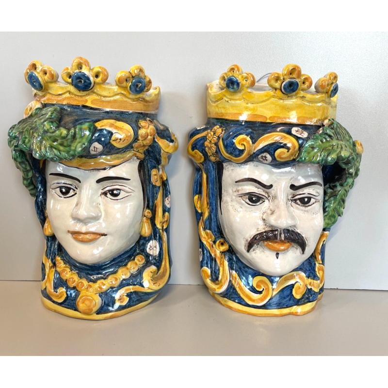 ANTICA COPPIA TESTE DI MORO CERAMICA CALTAGIRONE APPENDIBILI A MURO VASO 1970