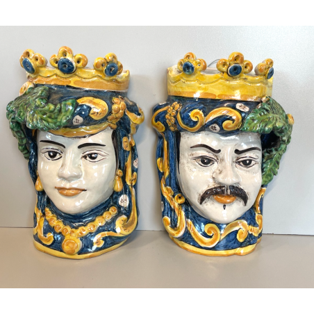 ANTICA COPPIA TESTE DI MORO CERAMICA CALTAGIRONE APPENDIBILI A MURO VASO 1970