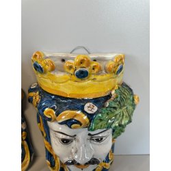 ANTICA COPPIA TESTE DI MORO CERAMICA CALTAGIRONE APPENDIBILI A MURO VASO 1970