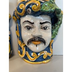 ANTICA COPPIA TESTE DI MORO CERAMICA CALTAGIRONE APPENDIBILI A MURO VASO 1970