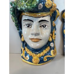 ANTICA COPPIA TESTE DI MORO CERAMICA CALTAGIRONE APPENDIBILI A MURO VASO 1970