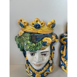 ANTICA COPPIA TESTE DI MORO CERAMICA CALTAGIRONE APPENDIBILI A MURO VASO 1970