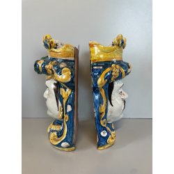 ANTICA COPPIA TESTE DI MORO CERAMICA CALTAGIRONE APPENDIBILI A MURO VASO 1970