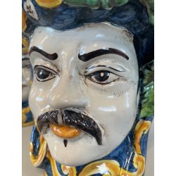 ANTICA COPPIA TESTE DI MORO CERAMICA CALTAGIRONE APPENDIBILI A MURO VASO 1970