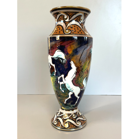 ANTICO VASO CERAMICA Zulimo Aretini DECORO CAVALLI SMALTO POLICROMO ORO 1950
