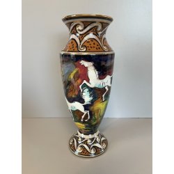 ANTICO VASO CERAMICA Zulimo Aretini DECORO CAVALLI SMALTO POLICROMO ORO 1950