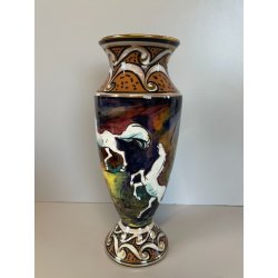 ANTICO VASO CERAMICA Zulimo Aretini DECORO CAVALLI SMALTO POLICROMO ORO 1950