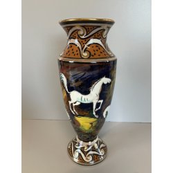 ANTICO VASO CERAMICA Zulimo Aretini DECORO CAVALLI SMALTO POLICROMO ORO 1950