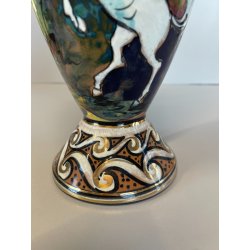 ANTICO VASO CERAMICA Zulimo Aretini DECORO CAVALLI SMALTO POLICROMO ORO 1950