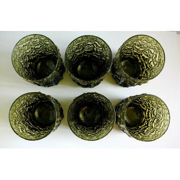 SET 6 BICCHIERI LONG DRINK COCKTAIL VINTAGE GLASSES GREEN BARK/ICE TEXTURED 