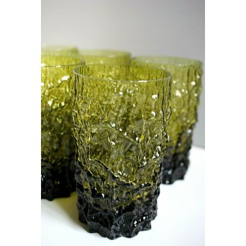 SET 6 BICCHIERI LONG DRINK COCKTAIL VINTAGE GLASSES GREEN BARK/ICE TEXTURED 
