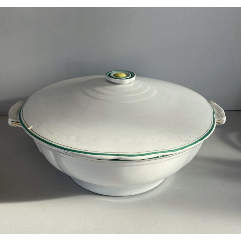 ZUPPIERA CERAMICA DECORO PROFILO DOPPIA LINEA VERDE ORO VINTAGE ANNI '40 - ø25cm