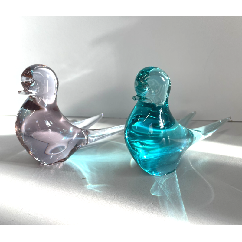 COPPIA UCCELLINI VETRO DI MURANO BIRDS GLASS VINTAGE ANNI 70 PURPLE SKY BLUE h11