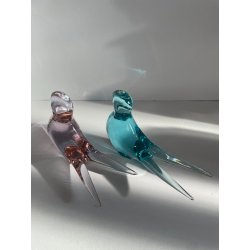 COPPIA UCCELLINI VETRO DI MURANO BIRDS GLASS VINTAGE ANNI 70 PURPLE SKY BLUE h11