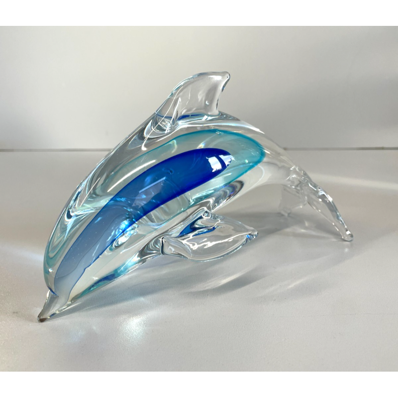 DELFINO VETRO DI MURANO DOLPHIN GLASS VINTAGE ANNI 70 SKY BLUE h 10,5 CM ITALIA