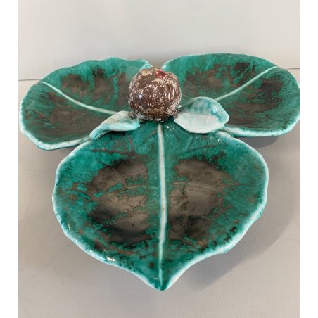 PIATTO CERAMICA ANTIPASTIERA TRILOBATA FRUTTO FOGLIE VERDE GRIGIO VINTAGE '900