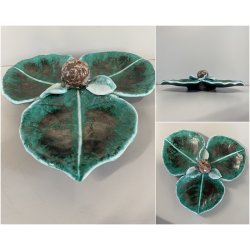 PIATTO CERAMICA ANTIPASTIERA TRILOBATA FRUTTO FOGLIE VERDE GRIGIO VINTAGE '900