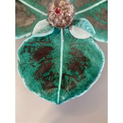 PIATTO CERAMICA ANTIPASTIERA TRILOBATA FRUTTO FOGLIE VERDE GRIGIO VINTAGE '900