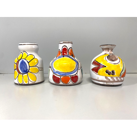 SET 3 PICCOLO VASO CARAMICA SMALTO POLICROMO VINTAGE De Simone LINEA FOLK 1964