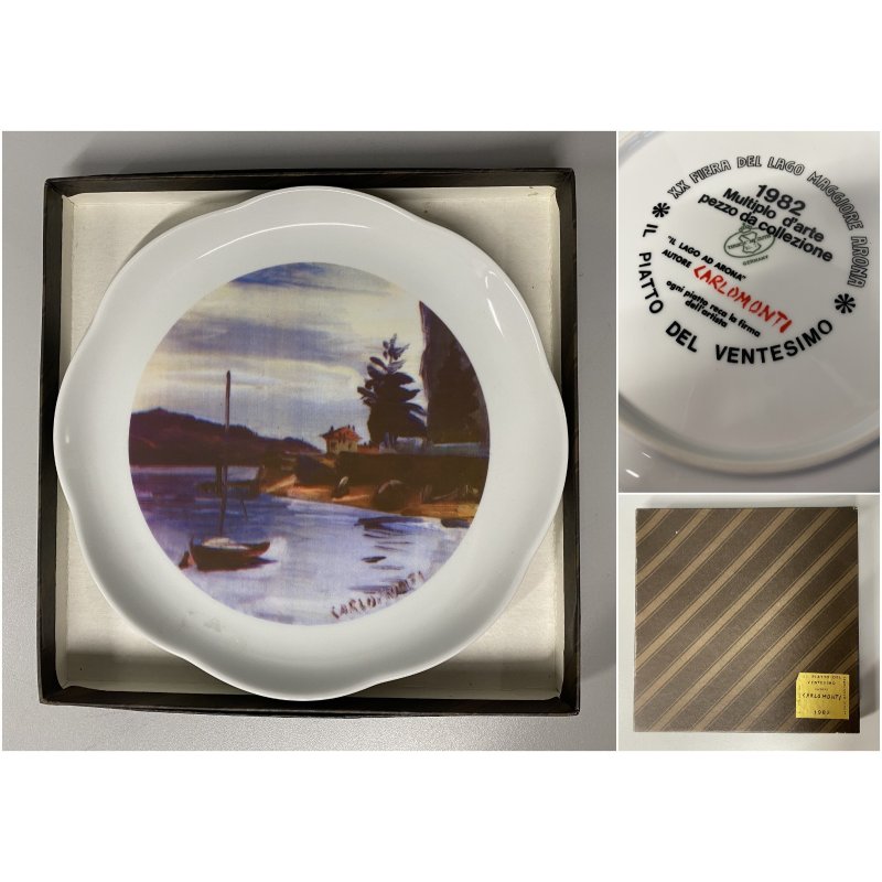 PIATTO DECORATIVO CERAMICA Carlo Monti  PAESAGGIO XX Fiera LAGO MAGGIORE '82 ø24