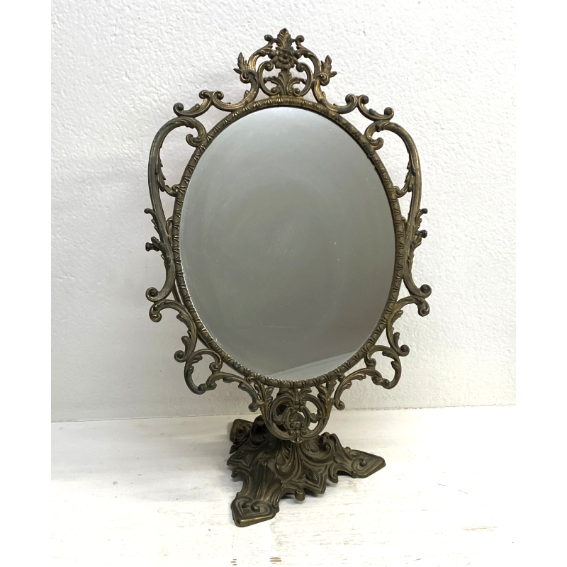 SPECCHIO da TAVOLO OVALE PSICHE OTTONE DECORO FOGLIE VOLUTE STILE BAROCCO 50cm/h