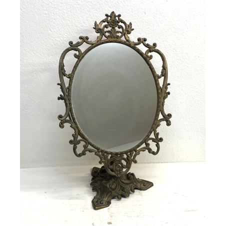 SPECCHIO da TAVOLO OVALE PSICHE OTTONE DECORO FOGLIE VOLUTE STILE BAROCCO 50cm/h