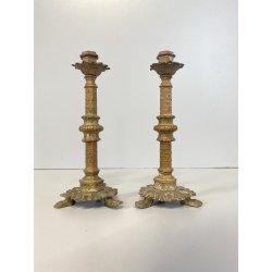 COPPIA PICCOLI CANDELIERI PORTA CANDELA BRONZO ZAMPE FERINE 15 cm/h EPOCA '800