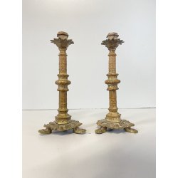 COPPIA PICCOLI CANDELIERI PORTA CANDELA BRONZO ZAMPE FERINE 15 cm/h EPOCA '800